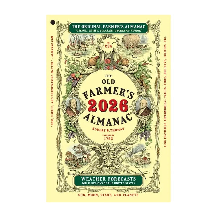 The 2026 Old Farmer's Almanac cover features vintage farm illustrations, title, founder's name, and forecasts for 18 U.S. regions, with celestial details.