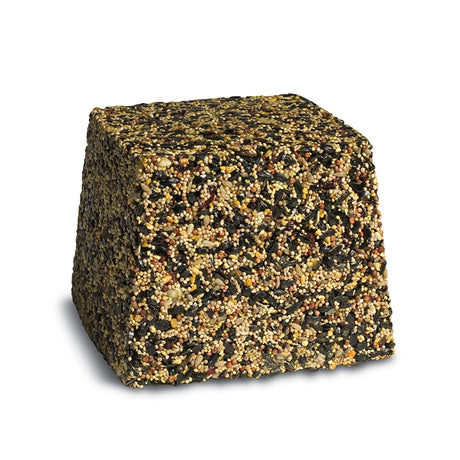 Duncraft Very Berry Jumbo Block featuring a cube of various seeds and grains designed to attract ground-feeding birds, measuring 6-3/4 x 6-3/4 x 5-3/4 inches.