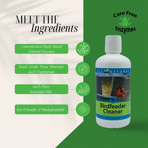Bird Feeder Cleaner 16 oz. bottle with natural enzymes, essential oils, and eco-friendly formula; features a cardinal image and promises effective bird feeder cleaning.