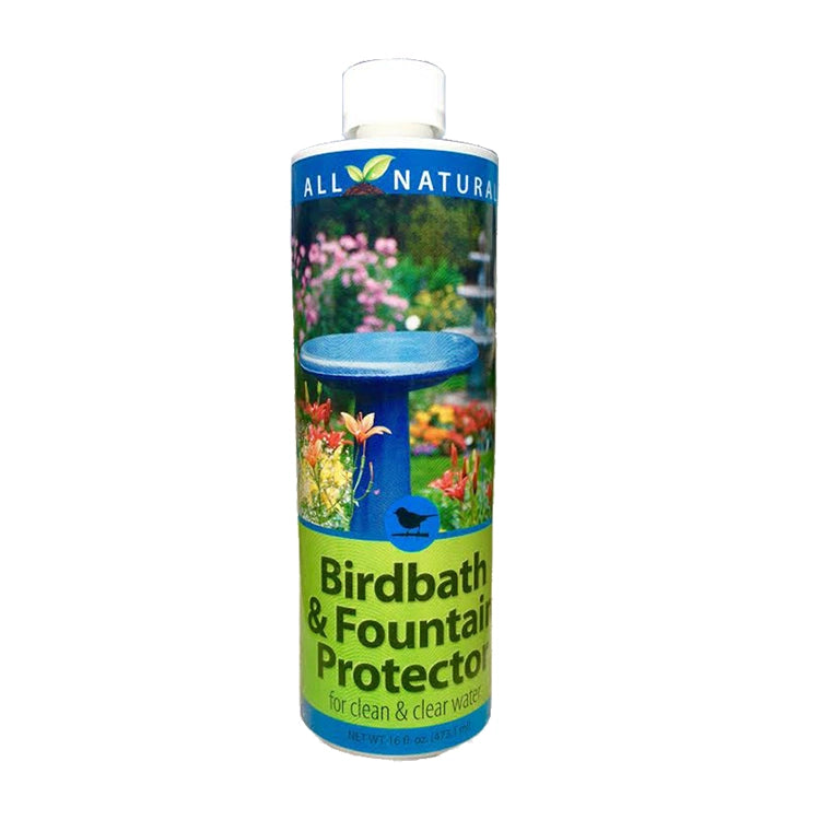 Birdbath & Fountain Protector, 16 oz. bottle shown close-up with a fountain, designed to clean and maintain birdbaths by eliminating sludge and mineral buildup.