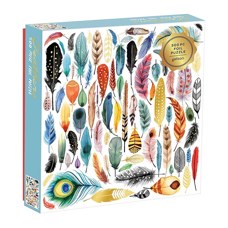 Galison Feathers 500-piece foil puzzle box featuring colorful watercolor bird feathers with shimmering gold foil accents