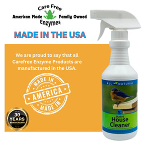 Bluebird House Protector spray bottle with logo, 30th anniversary badge, and “MADE IN THE USA” stamp; cleans and protects birdhouses with non-toxic, natural enzymes.