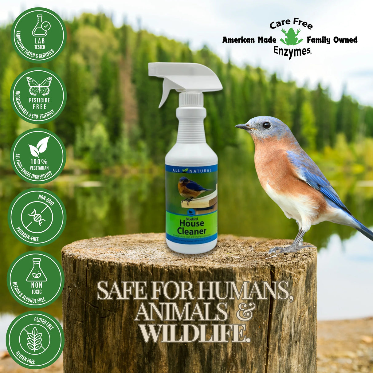 Bluebird House Protector spray on a tree stump with an Eastern Bluebird; eco-friendly labels highlight its non-toxic, natural cleaning formula for birdhouses.