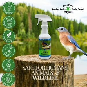Bluebird House Protector spray on a tree stump with an Eastern Bluebird; eco-friendly labels highlight its non-toxic, natural cleaning formula for birdhouses.