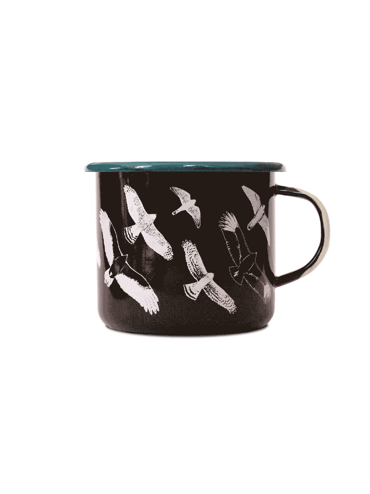 Hawks in Flight Large Enamelware Mug featuring white birds in flight, crafted from durable enamelware. Ideal for bird enthusiasts; hand wash only.
