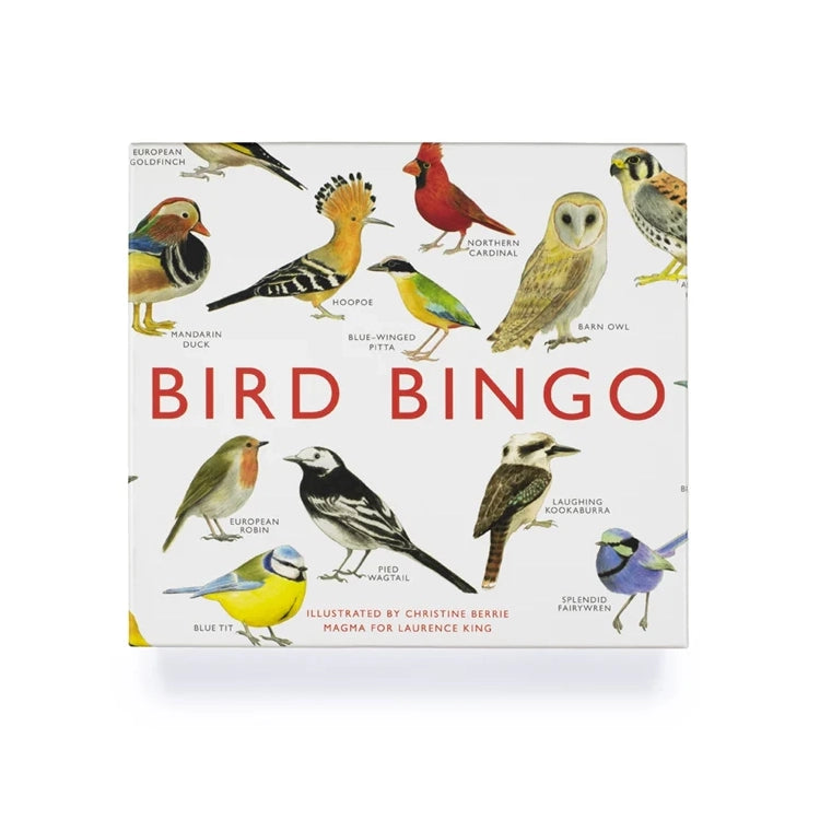 Box art for Bird Bingo game featuring watercolor illustrations of various bird species, title prominently displayed, and artwork credit to Christine Berrie.