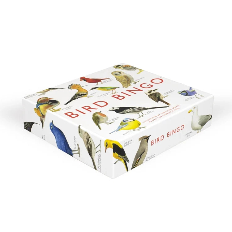 Bird Bingo game packaging with illustrated bird species and red title. Includes 64 bird tokens, game board, 12 bingo cards, counters, and a bird facts leaflet.
