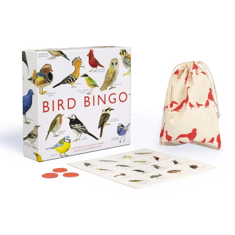 Bird Bingo game set with illustrated box, bingo card, draw-string bag for drawing bird tiles, and markers, featuring 64 diverse bird species for fun learning.