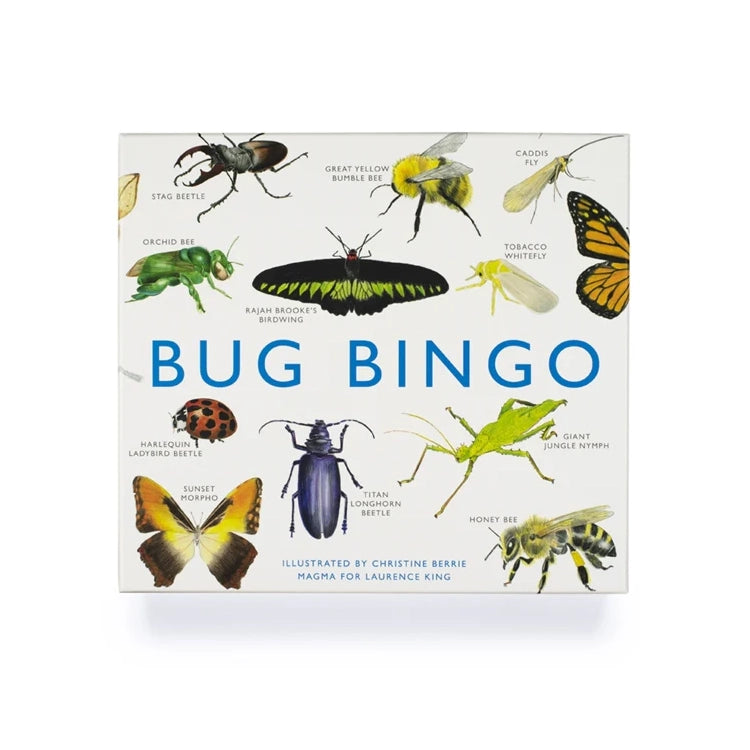 Bug Bingo game box with detailed insect illustrations, including stag beetle and honey bee, illustrated by Christine Berrie, published by Laurence King.