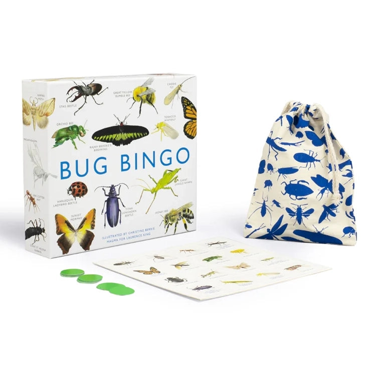 Bug Bingo game set with illustrated insect box, 5x5 bug grid card, green bingo chips, and a drawstring bag for drawing bug tiles.