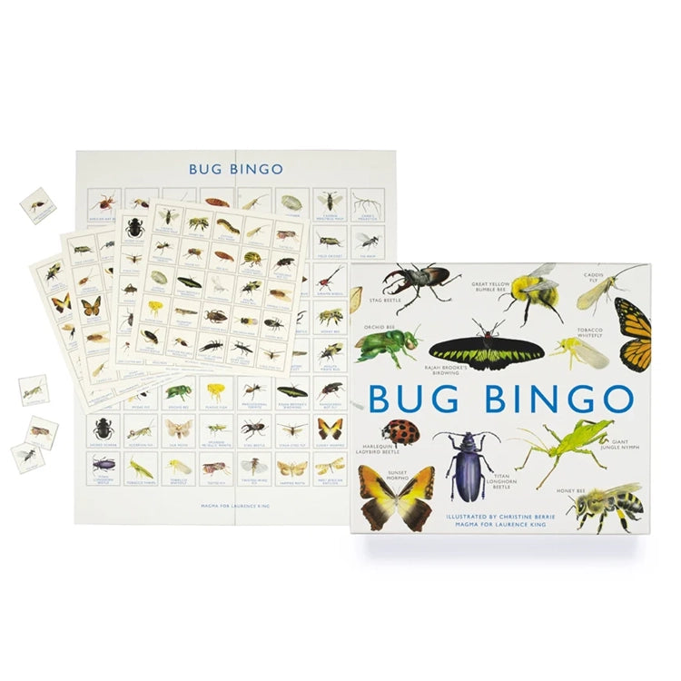 Bug Bingo game set with hand-painted insect illustrations on box lid, bingo cards, and call-out tiles, offering an educational twist on classic bingo gameplay.