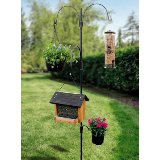 AdjustaPole Yard Kit with customizable height, featuring a bird feeder and planter on a sturdy pole with adjustable hangers for easy bird watching.