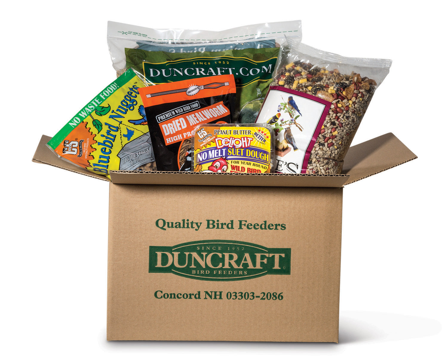 Duncraft Brown Box with bird seed and suet cakes for the birds. Autoship Deliveries.
