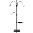 Three Hook Bird Feeding Station with adjustable hangers, ceramic birdbath, and seed tray on a black metal stand designed for easy bird viewing and maintenance.