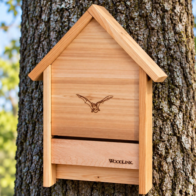 Woodlink Cedar Bat Chalet made from natural cedar wood with a single grooved roosting chamber, ventilation gap and landing platform, designed to shelter up to 25 bats.