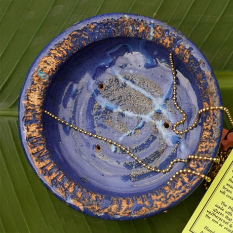 Bluebird Cafe Bird Feeder with a blue bowl showcasing a necklace, designed to attract bluebirds with mealworms. Features easy-to-clean glass dishes for birdwatching.