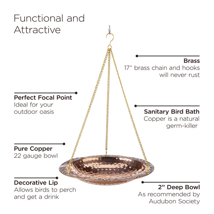 Pure Copper Hanging Bird Bath with decorative lip and textured base, suspended from brass chains and hooks, ideal for outdoor bird-watching and easy maintenance.