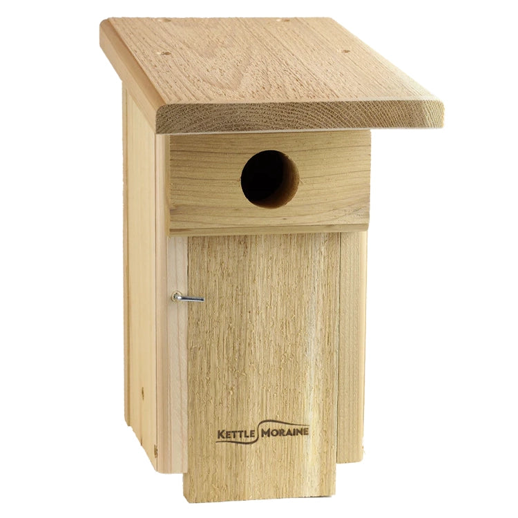 Weather-resistant cedar bluebird house designed for Eastern Bluebirds and other cavity-nesting birds.