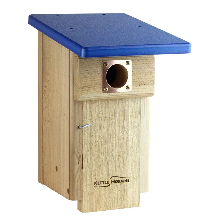 Weather-resistant cedar bluebird house with blue recycled plastic roof and copper entrance guard.