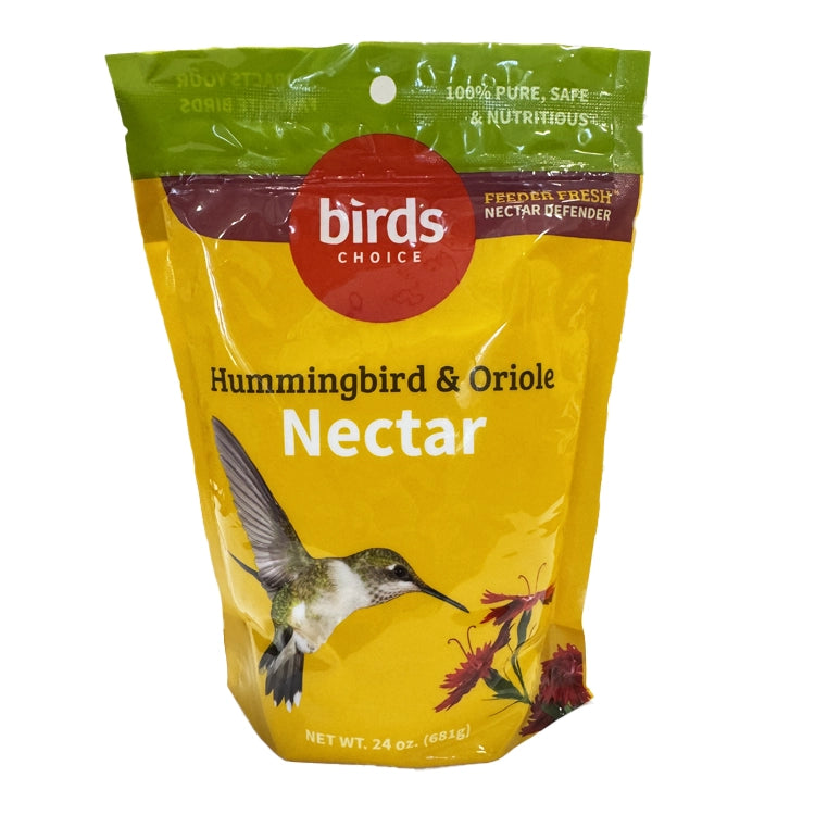 Bag of Hummingbird & Oriole Nectar with Nectar Defender, 24 oz, featuring a resealable design and included scoop for easy mixing, ensuring fresh nectar for birds.