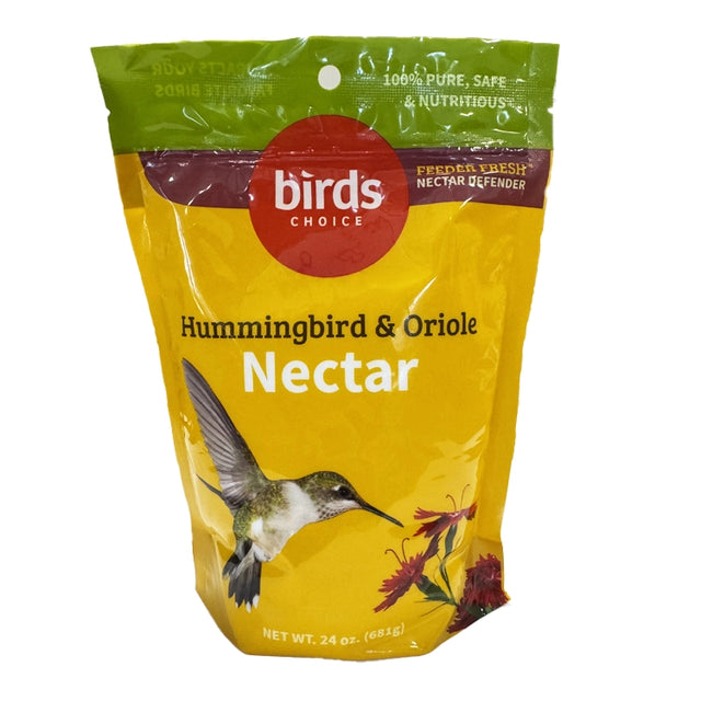 Bag of Hummingbird & Oriole Nectar with Nectar Defender, 24 oz, featuring a resealable design and included scoop for easy mixing, ensuring fresh nectar for birds.