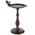 Classic Bronze Pedestal Bird Bath with Fairy, featuring a winged angel statue atop a 2-inch deep brass basin with a decorative lip and sturdy cast aluminum base.