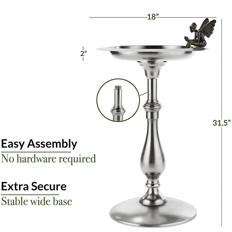 Silver bird bath with fairy design, dimensions, and assembly information on a white background