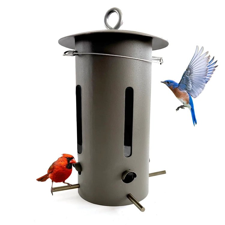 Brown Bear Proof Bird Feeder with seed-viewing windows, a cardinal on a perch and a bluebird approaching.