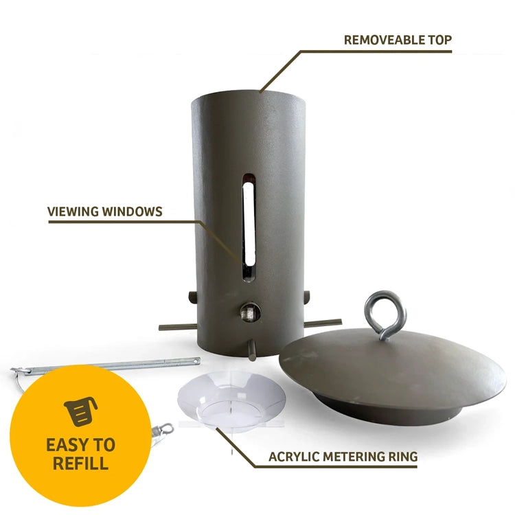 Bear Proof Bird Feeder with top removed, showing seed-viewing windows and an acrylic metering ring for easy refilling.