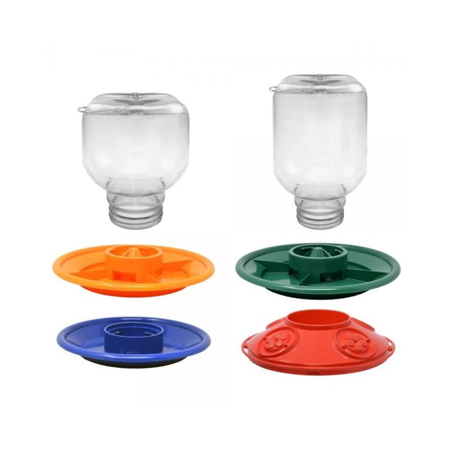 Switch N Swap Six Piece Combo Pack featuring two clear water-reservoir bottles and four interchangeable base trays for varied bird feeding.