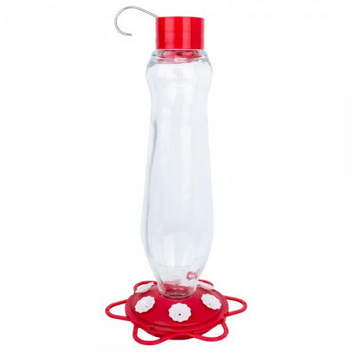 Glass Bottle 32 oz. Hummingbird Feeder with red lid, built-in ant moat, and six feeding stations. Clear glass for easy nectar monitoring.
