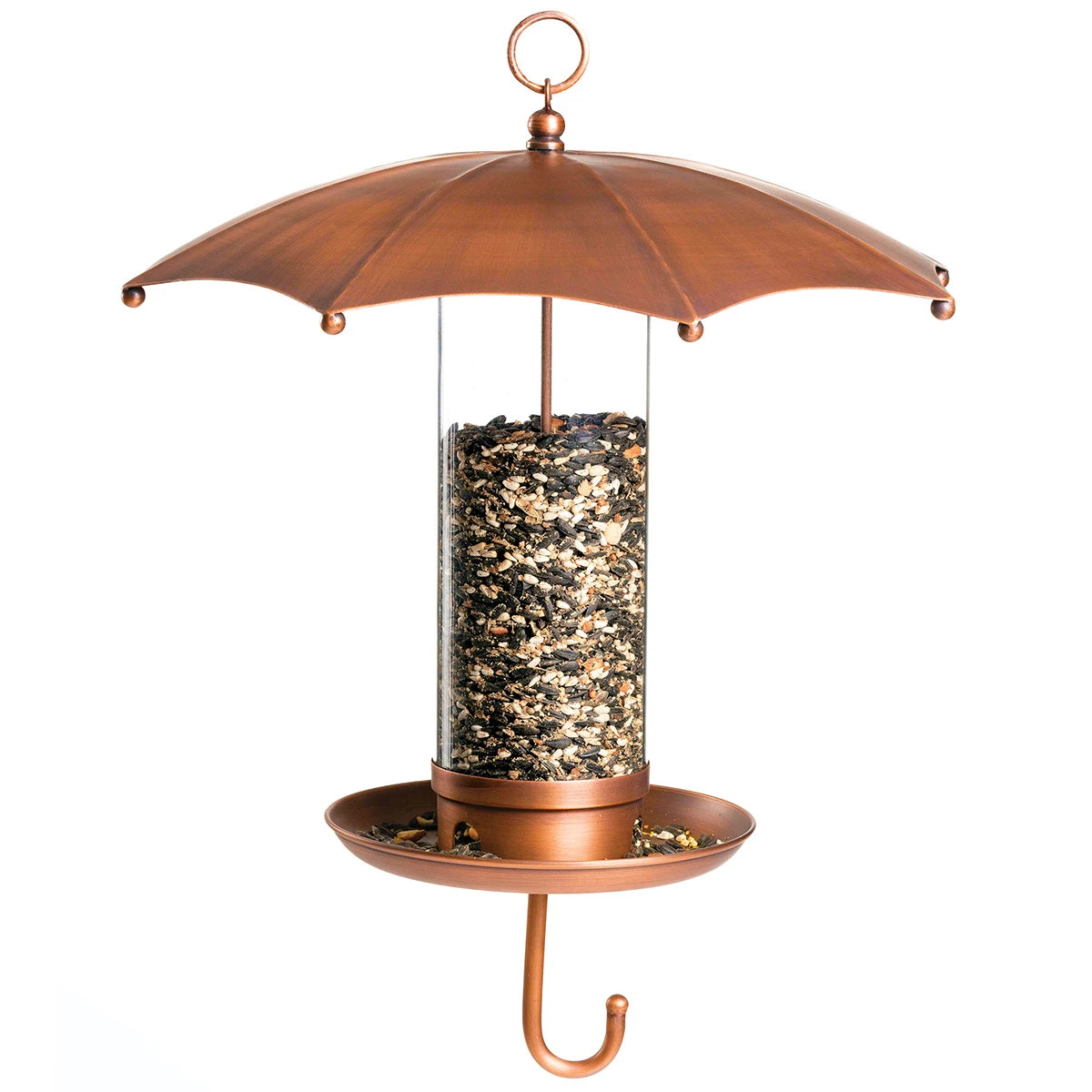Rainy Day Umbrella Bird Feeder with copper-plated canopy, clear seed tube, and spill tray, offers weather protection and holds 3.5 lbs of seed.
