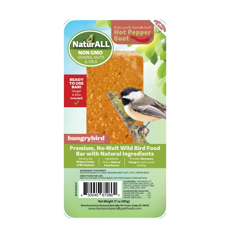 NaturALL RTU Hot Pepper Suet Bar package, featuring a no-melt bird food bar with red pepper to deter squirrels and attract various bird species.