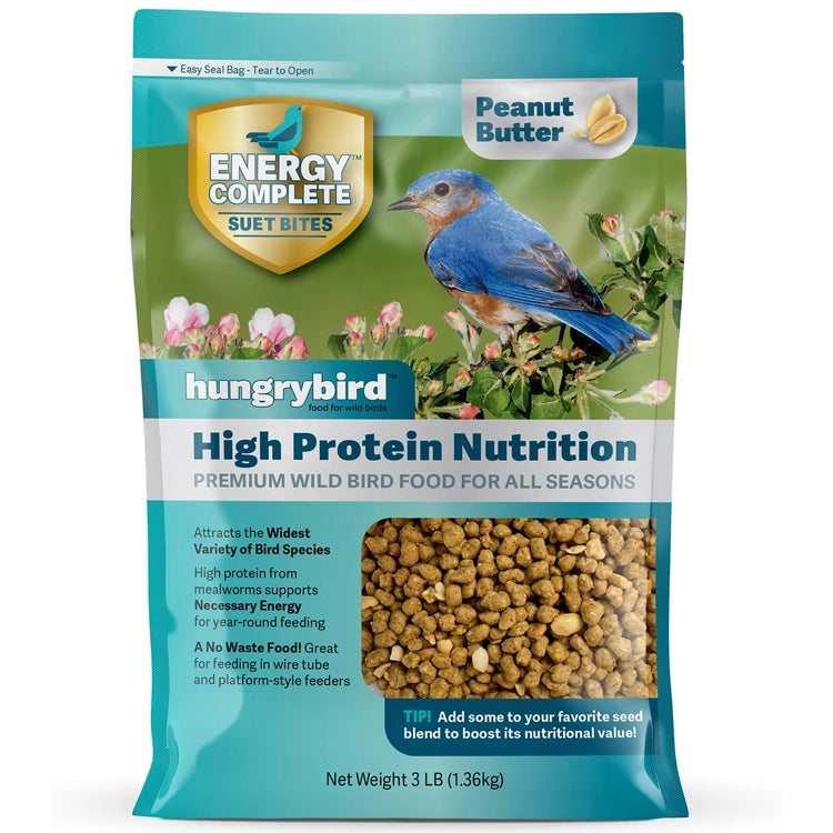 Energy Complete Peanut Butter Suet Bites in a resealable bag featuring a blue bird, ideal for enriching bird diets with high-energy suet morsels.