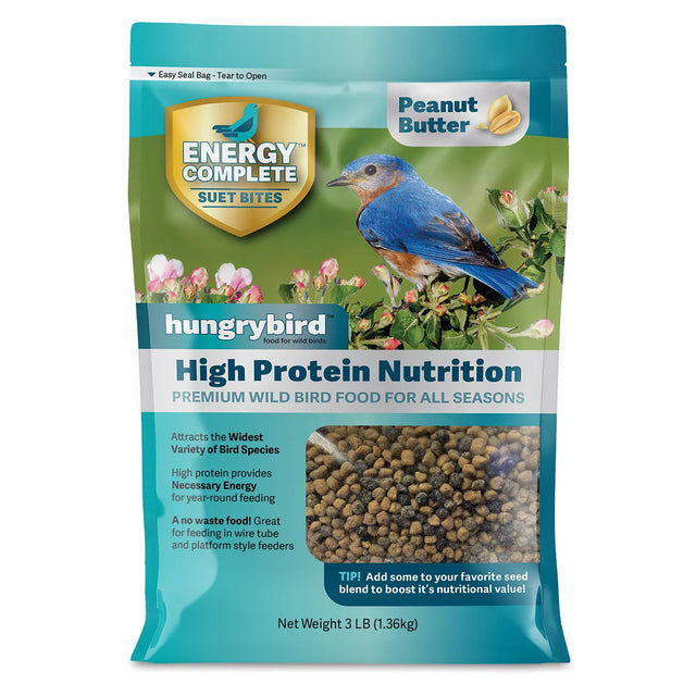 Energy Complete Peanut Butter Suet Bites in a resealable bag featuring a blue bird, ideal for enriching bird diets with high-energy suet morsels.
