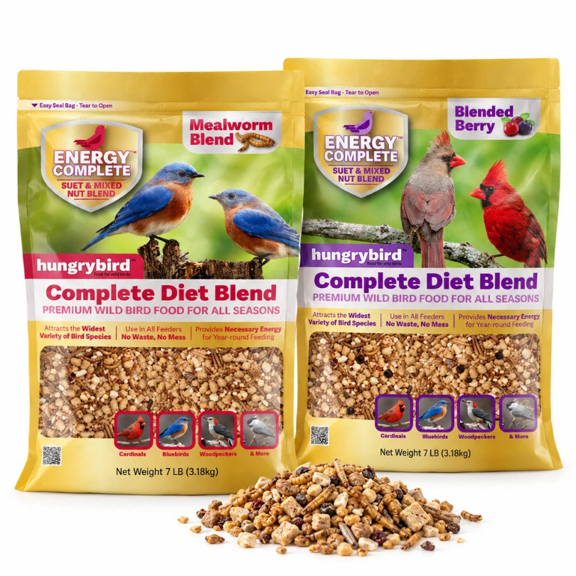 Hungrybird Complete Diet Mealworm and Blended Berry bundle, two 7 lb bags with loose food in front.