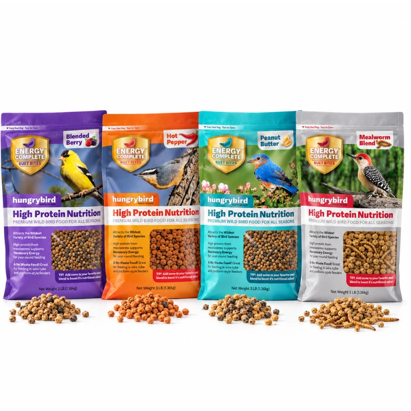 Four 3 lb bags of Hungrybird suet bites in Blended Berry, Hot Pepper, Peanut Butter and Mealworm varieties.