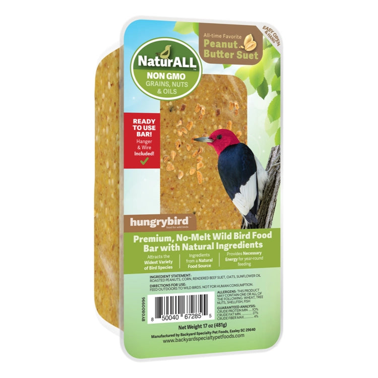 NaturALL RTU Peanut Butter Bar, Set of 4 or 8, packaged suet block with hanger, contains roasted peanuts, corn, beef suet, oats, and sunflower oil, ideal for backyard birds.