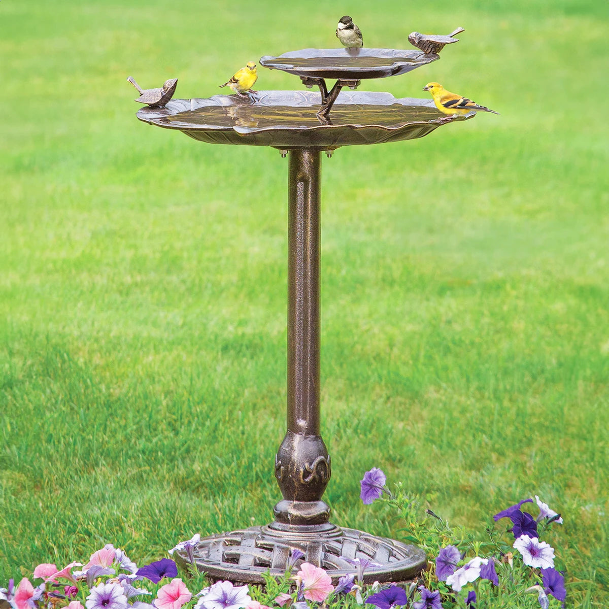 2-Tier Lily Pad Birdbath on lawn, yellow birds and chickadee perched on basins, surrounded by petunias; textured, cast aluminum design with stable iron base.