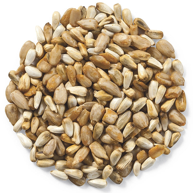 Cole's Cajun Cardinal Bird Seed, 5-lb bag, featuring a pile of sunflower seeds and safflower seeds, coated with fiery hot habanero chili peppers.