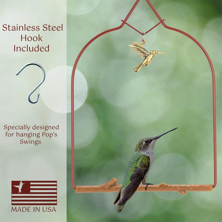 Hummingbird feeder with a gold hummingbird ornament and text about stainless steel hook and USA manufacturing.