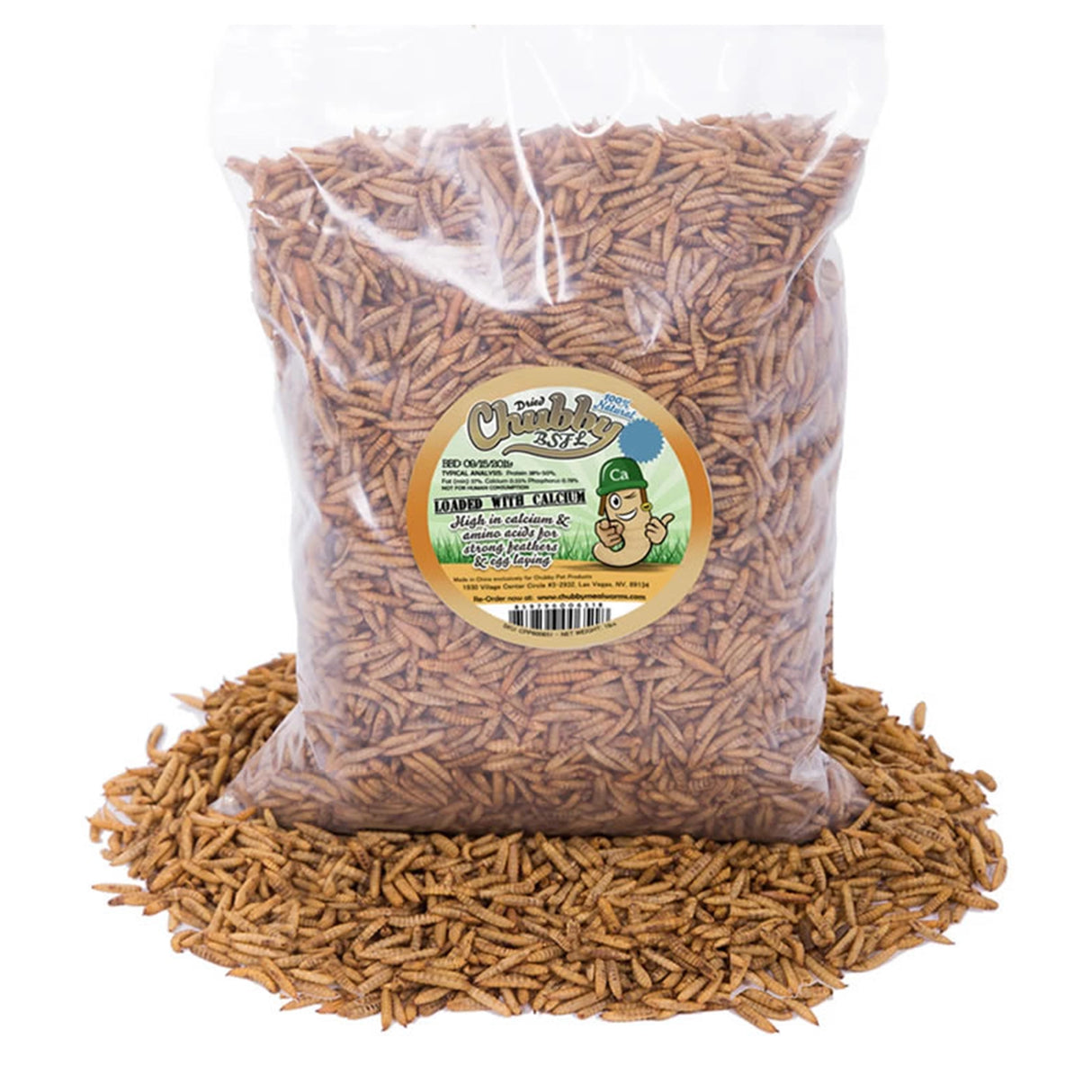 Chubby Dried Black Soldier Fly Larvae, 2-lb Bag, nutrient-rich treat for birds, prominently displayed on a pile of similar food products.