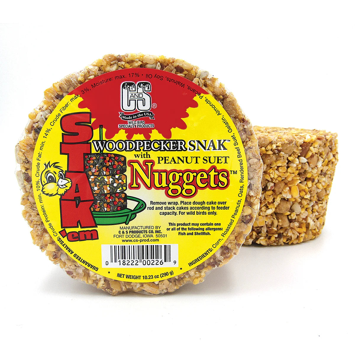 Woodpecker Snak™ with Peanut Nuggets™ Stak'em, set of 4, features stackable suet cakes with peanuts, designed for wild bird feeders.