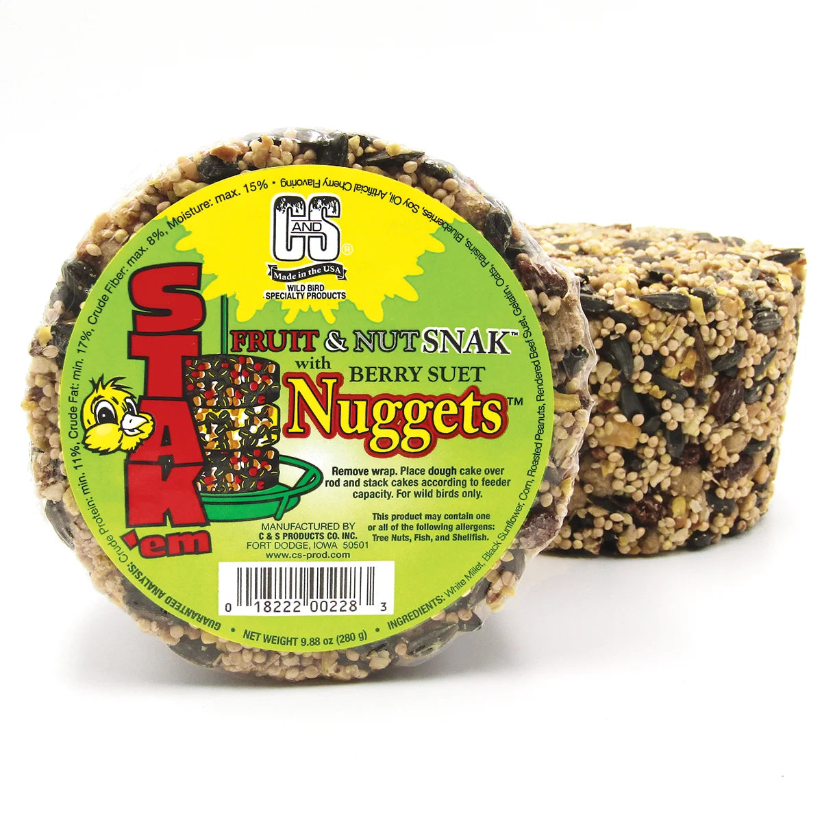 Fruit & Nut Snak™ with Berry Nuggets™ Stak'em, set of 4, featuring round suet cakes with seeds, nuts, and fruit for wild birds, designed for stack-able treat feeders.