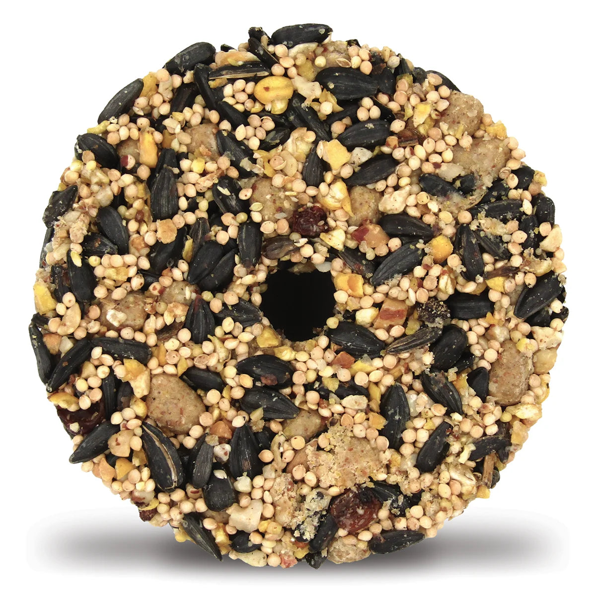 Fruit & Nut Snak™ with Berry Nuggets™ Stak'em, set of 4, doughnut-shaped seed cakes featuring millet, sunflower seeds, corn, peanuts, suet, raisins, blueberries for backyard birds.