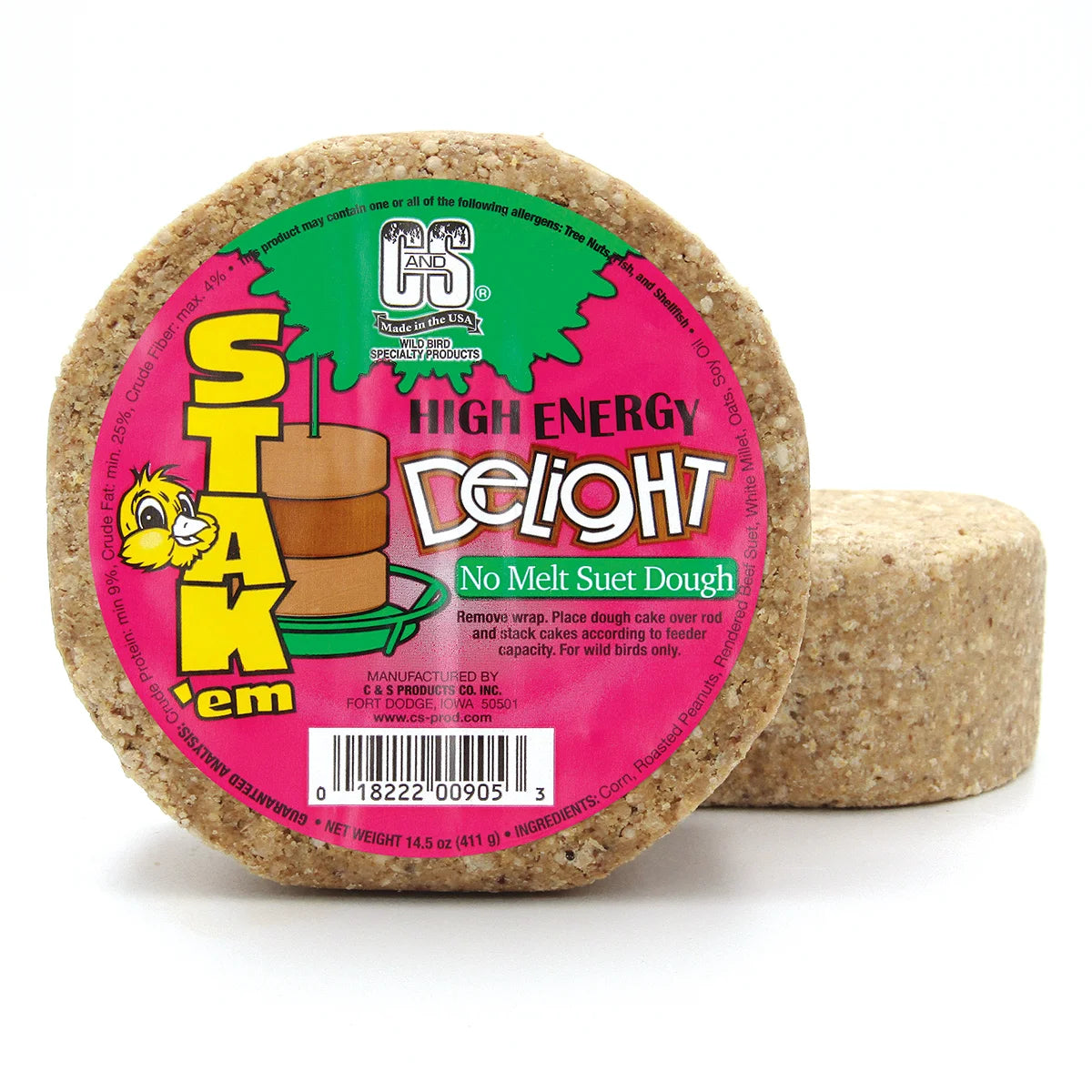 High Energy Delight Suet Stak'em, Set of 6; no-melt suet cakes with corn, oats, peanuts; designed for wild bird feeders to attract and energize birds.