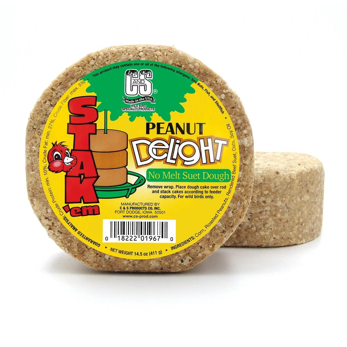 Peanut Delight Suet Stak'em, Set of 6, round suet cakes with a central hole, ideal for wild bird feeders, made from peanuts, corn, oats, and suet.