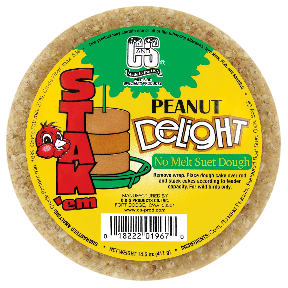 Peanut Delight Suet Stak'em, Set of 6; round suet cakes for wild birds, stack on feeding rods, high-energy, no-melt, 14.5 oz, attracts songbirds.
