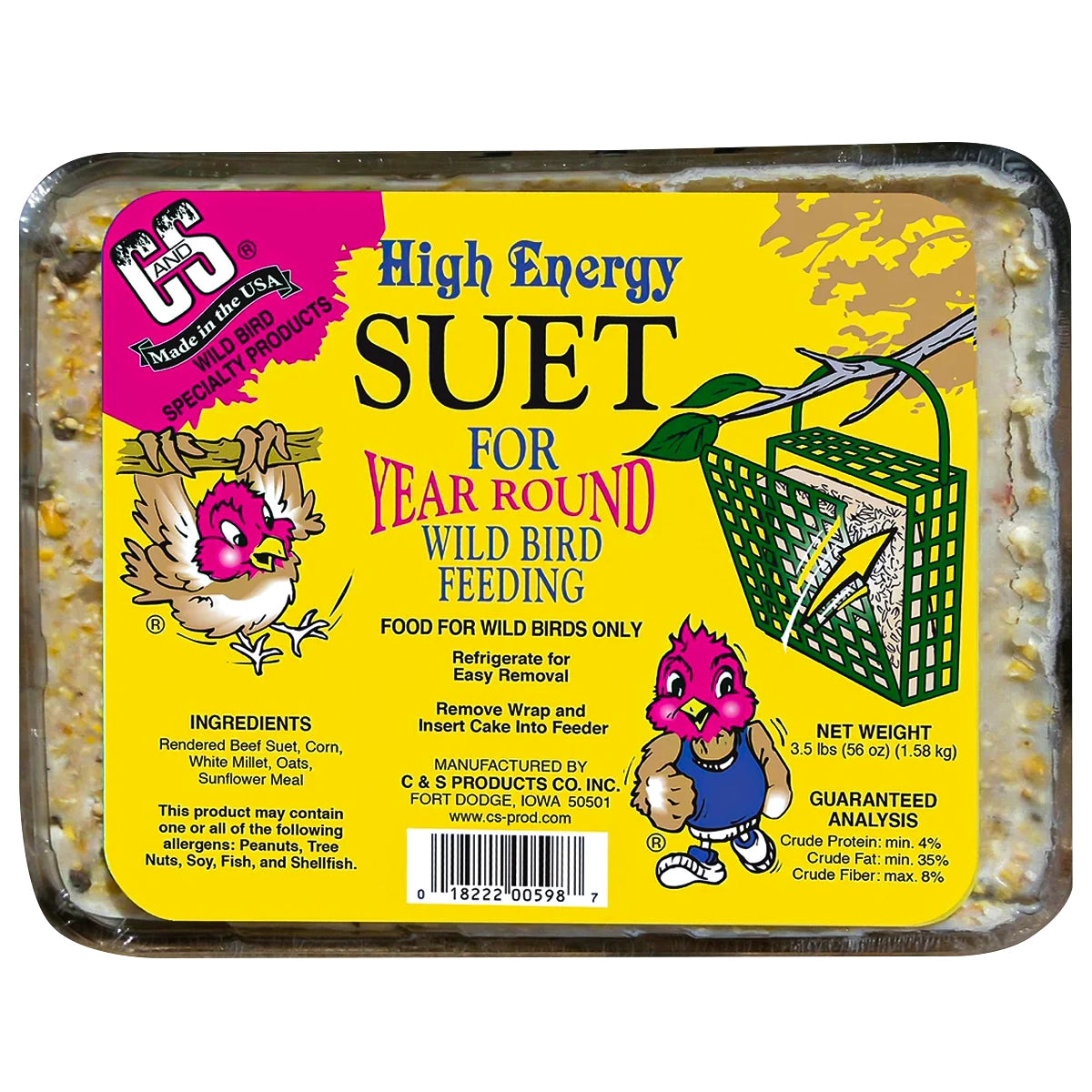 Extra Large Hi-Energy Suet Block for wild birds, 3.5-lb. Packed with essential fats, featuring beef suet, corn, millet, oats, and sunflower meal.
