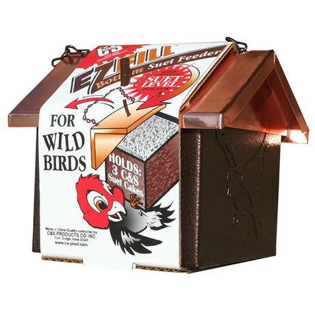EZ Fill Upside Down Suet Feeder with a bird feeding upside down, designed to deter starlings and sparrows. Holds three suet cakes, includes a hanging chain.